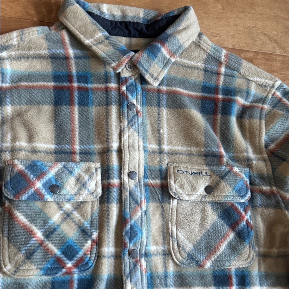 O'Neill Men's Beige Plaid Button-Down Shirt Jacket with Blue and Rust Stripes - Picture 2 of 4